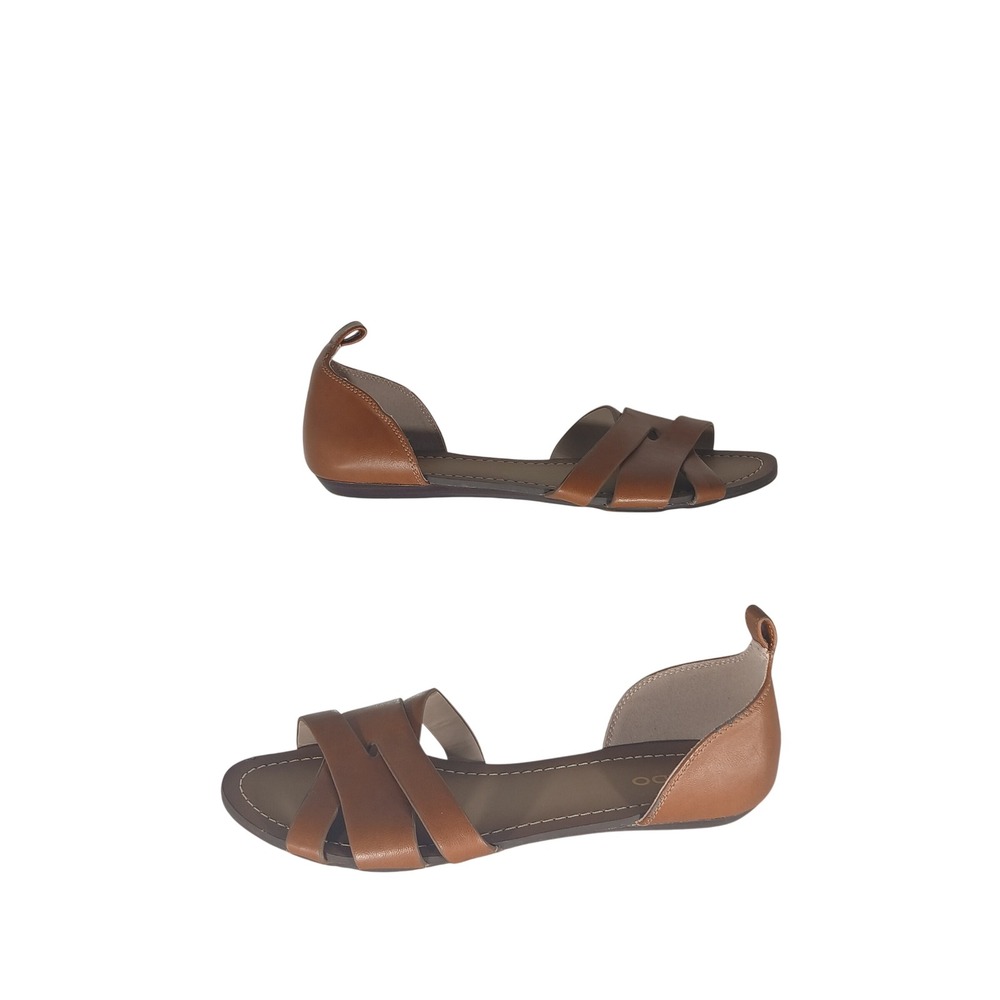 Aldo d'Orsay Flat Sandals 8 Cognac Brown Leather Crossover Strap Minimalist